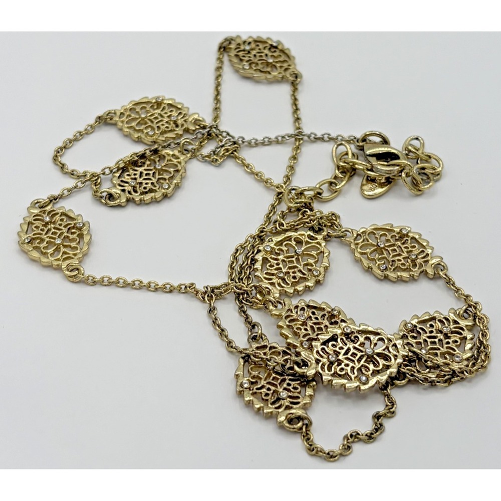 ANN TAYLOR Long Gold Tone Filigree Rhinestone Station Chain Necklace